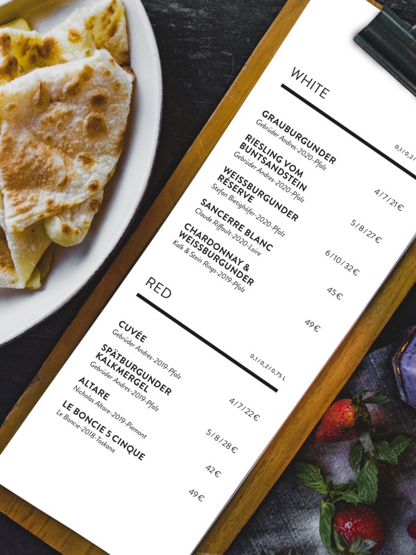 A small menu on a clipboard lies on a table surrounded by plates of food.
